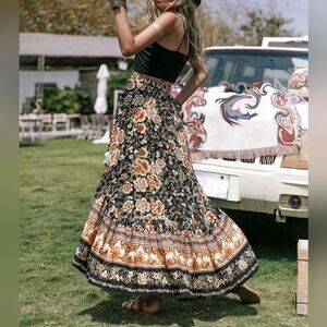 New Boho Floral Wrap Ruffle High Low Skirt Black Yellow White Orange